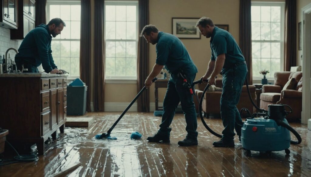 Team of professionals cleaning and restoring a water-damaged home in St. Paul using advanced equipment.