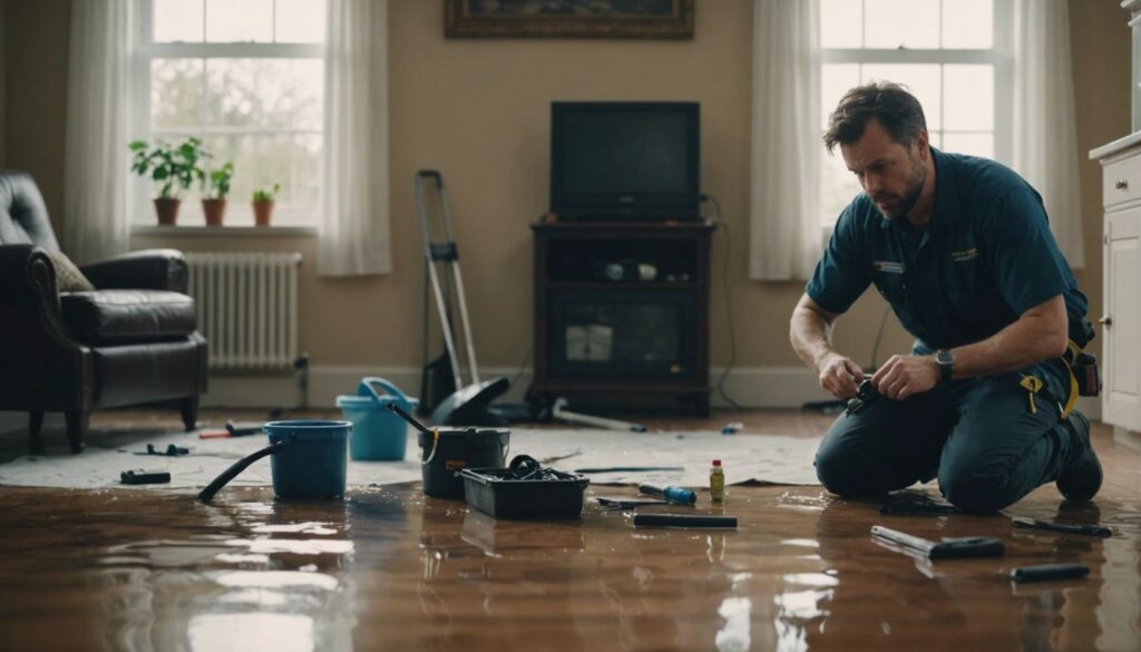 Technician assessing water damage in a home with professional tools and equipment in St. Paul.
