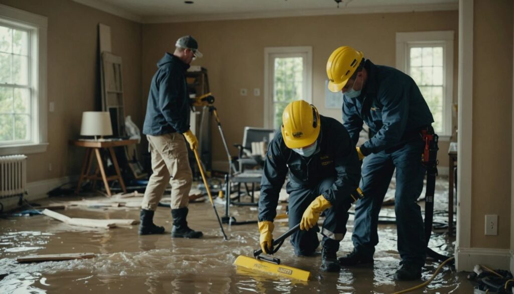 Team of professionals in safety gear restoring a flood-damaged home in St. Paul.