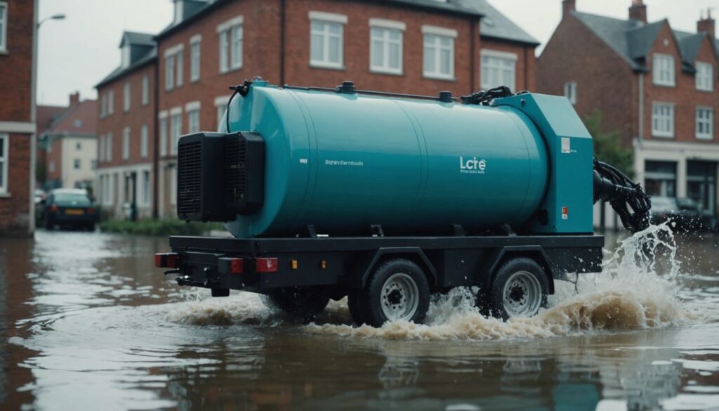 High-capacity water extraction unit removing standing water quickly from a flooded area.