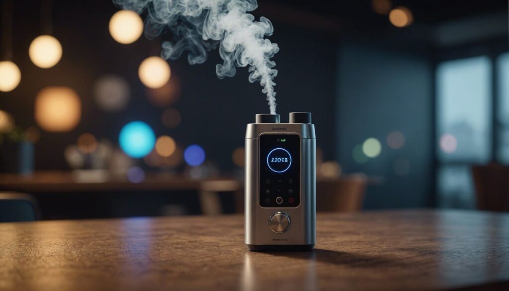 Vapor Shark Advanced Odor Control vaporizer emitting mist, showcasing odor control, freshness, and advanced technology.