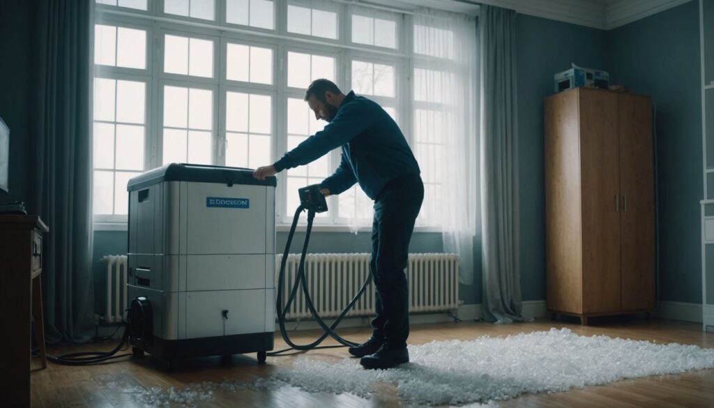 Water damage specialist with desiccant dehumidifier in action