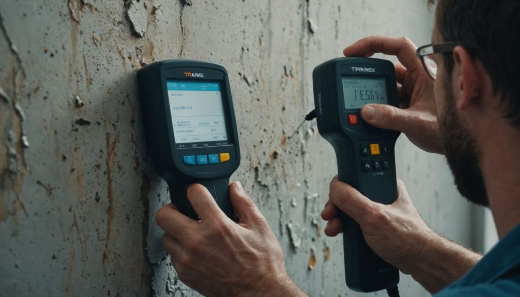 Water damage expert measuring moisture with Tramex meter